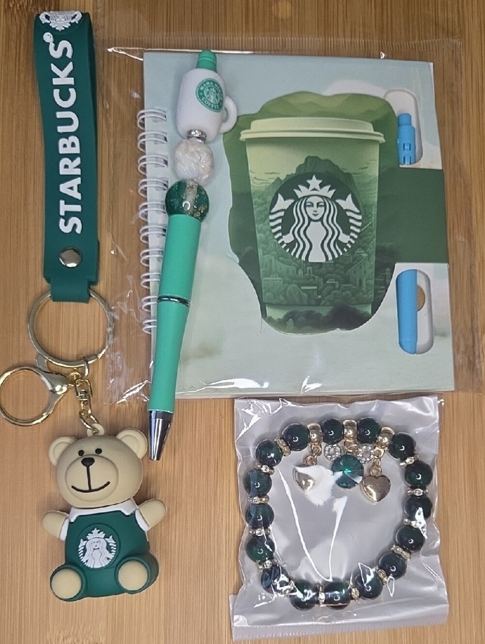 Starbucks Themed Giftset. Bear Bag Charm, Pen, and Emerald Bracelet With Charms